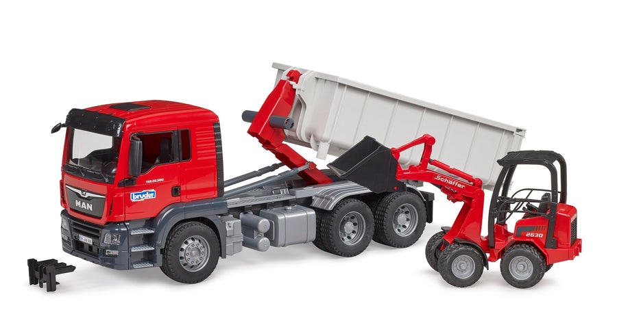 BRUDER MAN TGS Camion Container Ribaltabile con Caricatore Schäffer - Set Giocattolo in Plastica Multicolore per Bambini dai 3 Anni