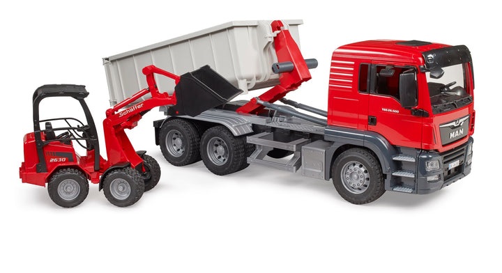 BRUDER MAN TGS Camion Container Ribaltabile con Caricatore Schäffer - Set Giocattolo in Plastica Multicolore per Bambini dai 3 Anni