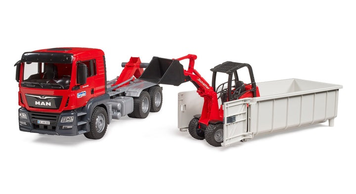 BRUDER MAN TGS Camion Container Ribaltabile con Caricatore Schäffer - Set Giocattolo in Plastica Multicolore per Bambini dai 3 Anni