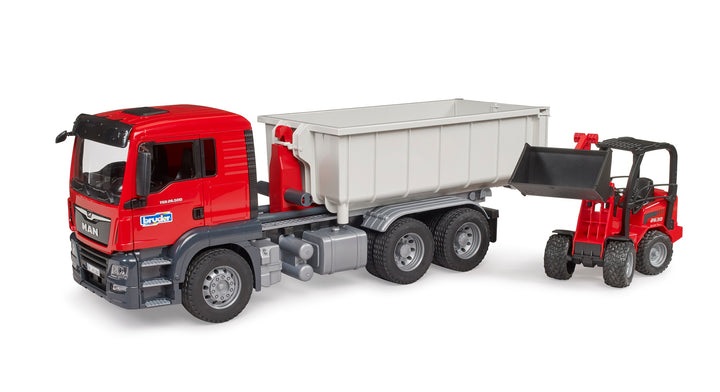 BRUDER MAN TGS Camion Container Ribaltabile con Caricatore Schäffer - Set Giocattolo in Plastica Multicolore per Bambini dai 3 Anni