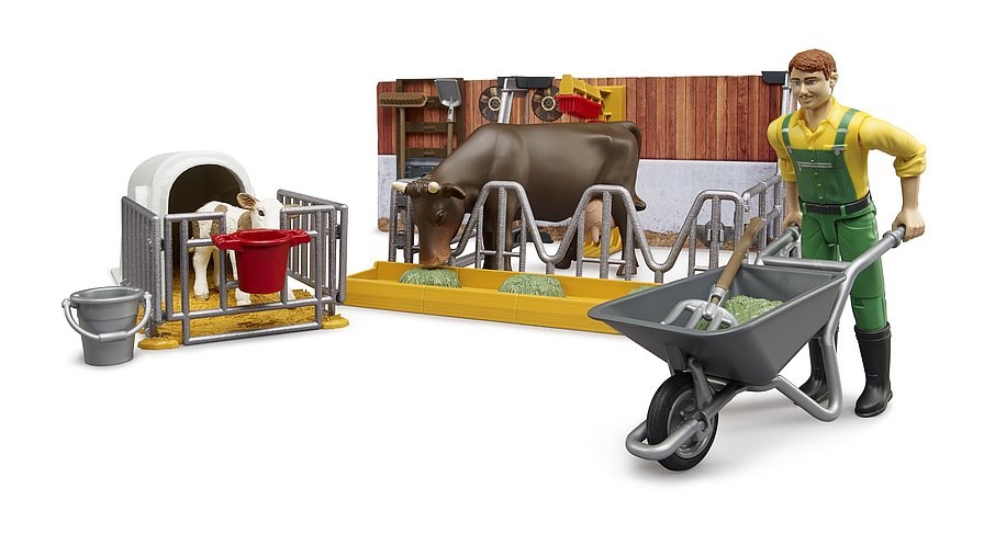 BRUDER 62611 Stalla per Mucche e Vitelli con Allevatore e Accessori