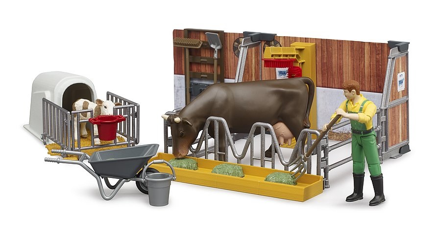 BRUDER 62611 Stalla per Mucche e Vitelli con Allevatore e Accessori