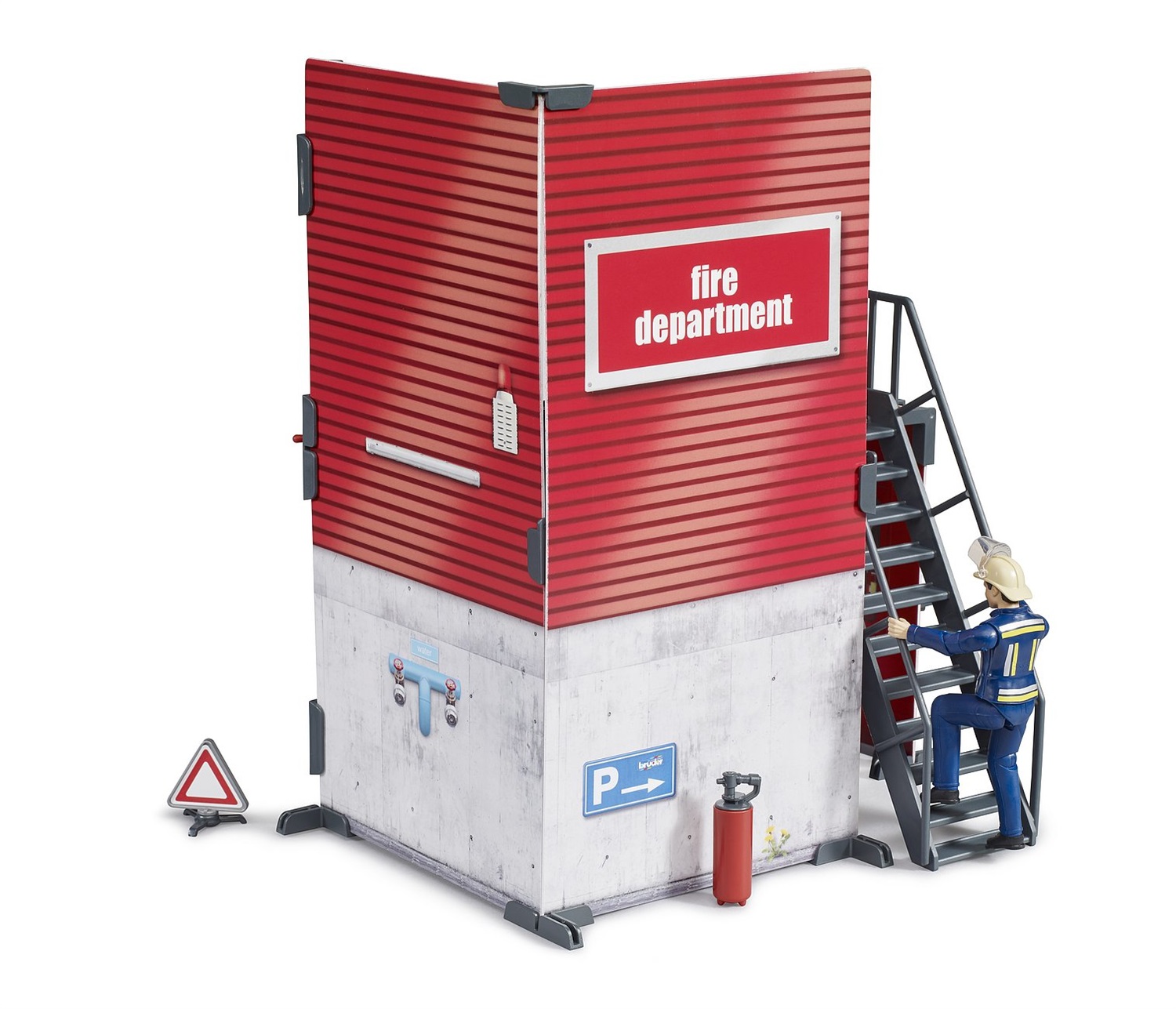 BRUDER 62702 Stazione Pompieri BWorld con Pompiere e Accessori - Giocattolo per Bambini da 4 Anni