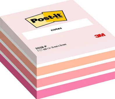 Post-it® Cubo 2028-P - 76x76 mm - 450 Fogli - Colori Assortiti: Rosa Pastello, Rosa Corallo, Rosa Neon, Rosa Ultra, Bianco