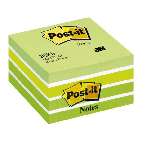 Post-it 2028-G Cubo Foglietti Riposizionabili 76x76 mm - 450 Fogli in Verde Pastello, Verde Neon, Verde Ultra e Bianco
