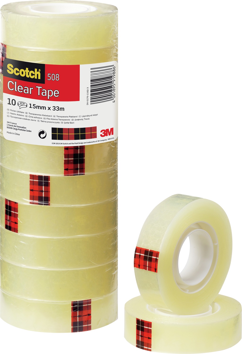 Scotch® Nastro Adesivo Acrilico Trasparente 508 - 15 mm x 33 m - Confezione Torre da 10 Rotoli - Resistente all'Umidità