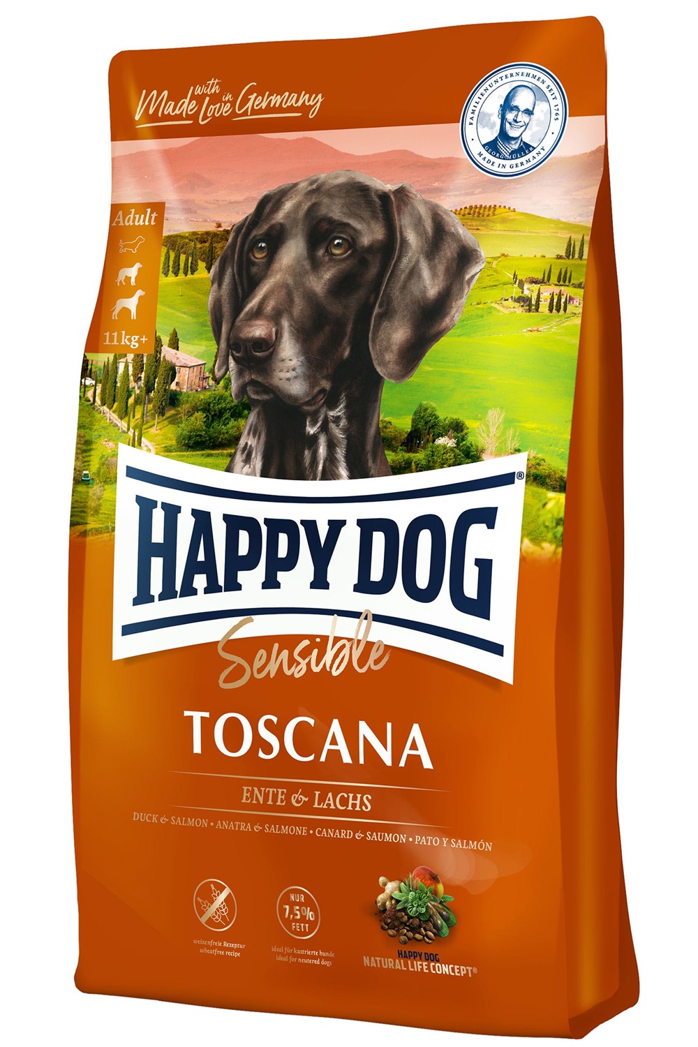 Happy Dog Supreme Sensible Toscana 4 kg - Crocchette secche per cani adulti con anatra e salmone, senza frumento e glutine, solo 7,5% di grassi