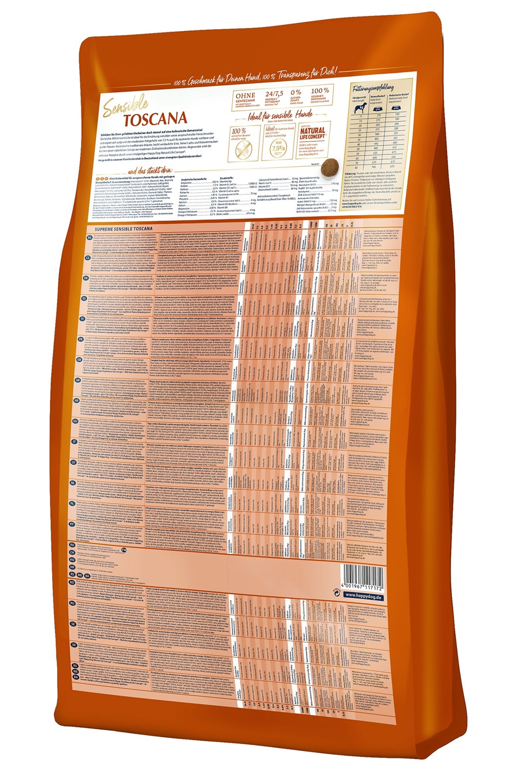 Happy Dog Supreme Sensible Toscana 4 kg - Crocchette secche per cani adulti con anatra e salmone, senza frumento e glutine, solo 7,5% di grassi