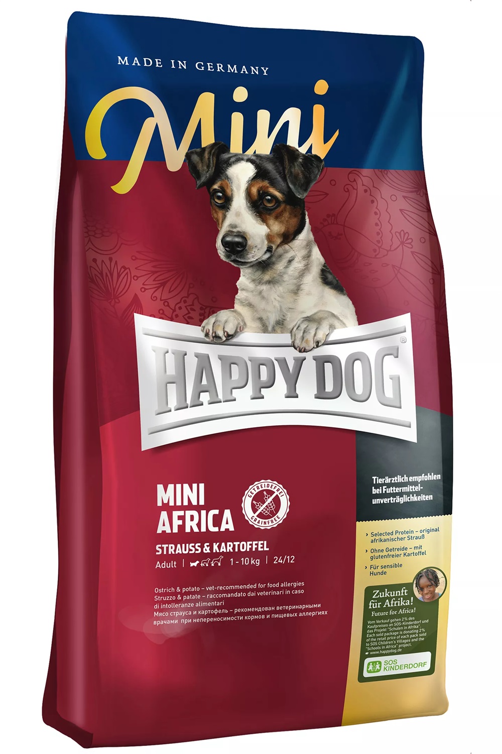 Happy Dog Grain Free Mini Africa - Cibo Secco per Cani Adulti di Taglia Piccola con Struzzo e Patate - 4 kg
