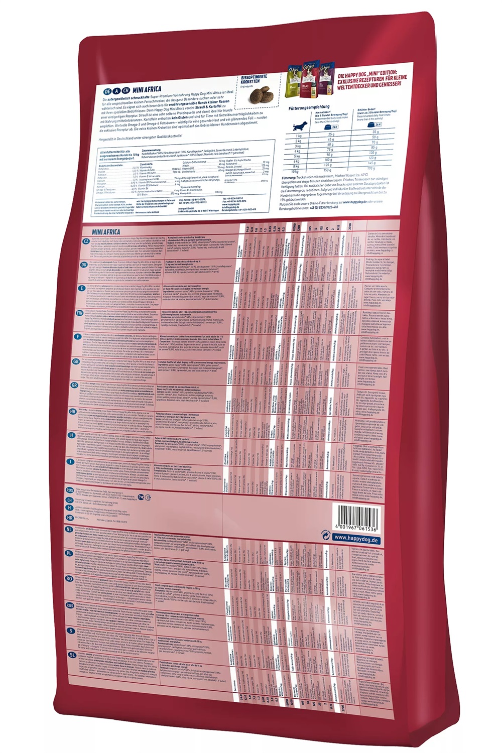 Happy Dog Grain Free Mini Africa - Cibo Secco per Cani Adulti di Taglia Piccola con Struzzo e Patate - 4 kg