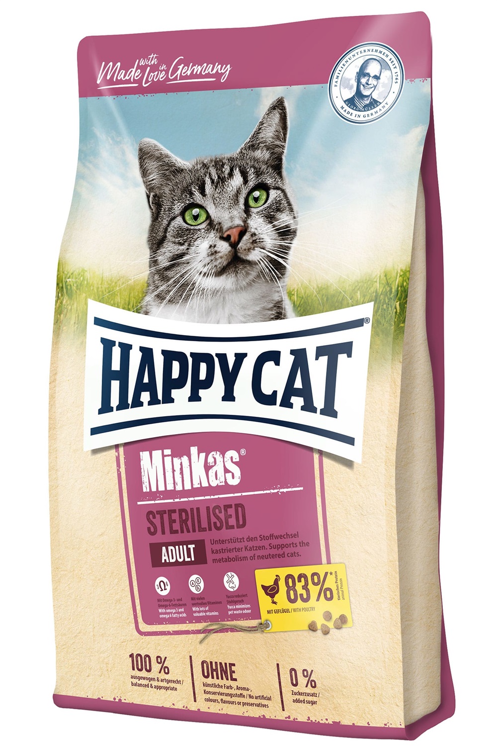 Happy Cat Minkas Sterilizzato Cibo Secco per Gatti Adulto con Pollame - 10 kg, Alta Percentuale di Fibre e Basso Contenuto di Grassi