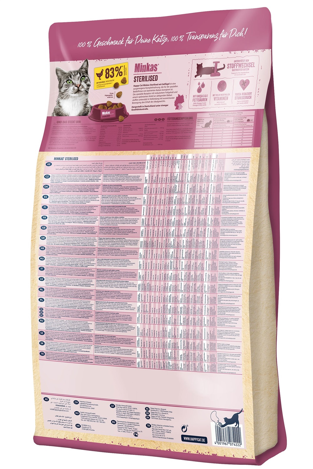 Happy Cat Minkas Sterilizzato Cibo Secco per Gatti Adulto con Pollame - 10 kg, Alta Percentuale di Fibre e Basso Contenuto di Grassi