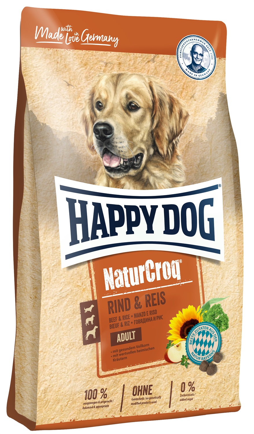 Happy Dog NaturCroq Manzo & Riso - Alimento secco completo per cani adulti con erbe, frutta e verdura - 4 kg