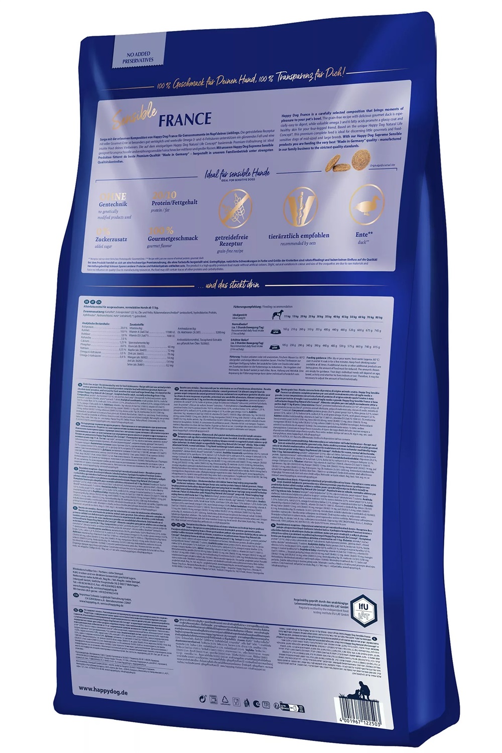 Happy Dog Supreme Sensible Francia - Alimento Secco Completo per Cani Adulti con Proteine di Anatra e Fiocchi di Patate - 4 kg