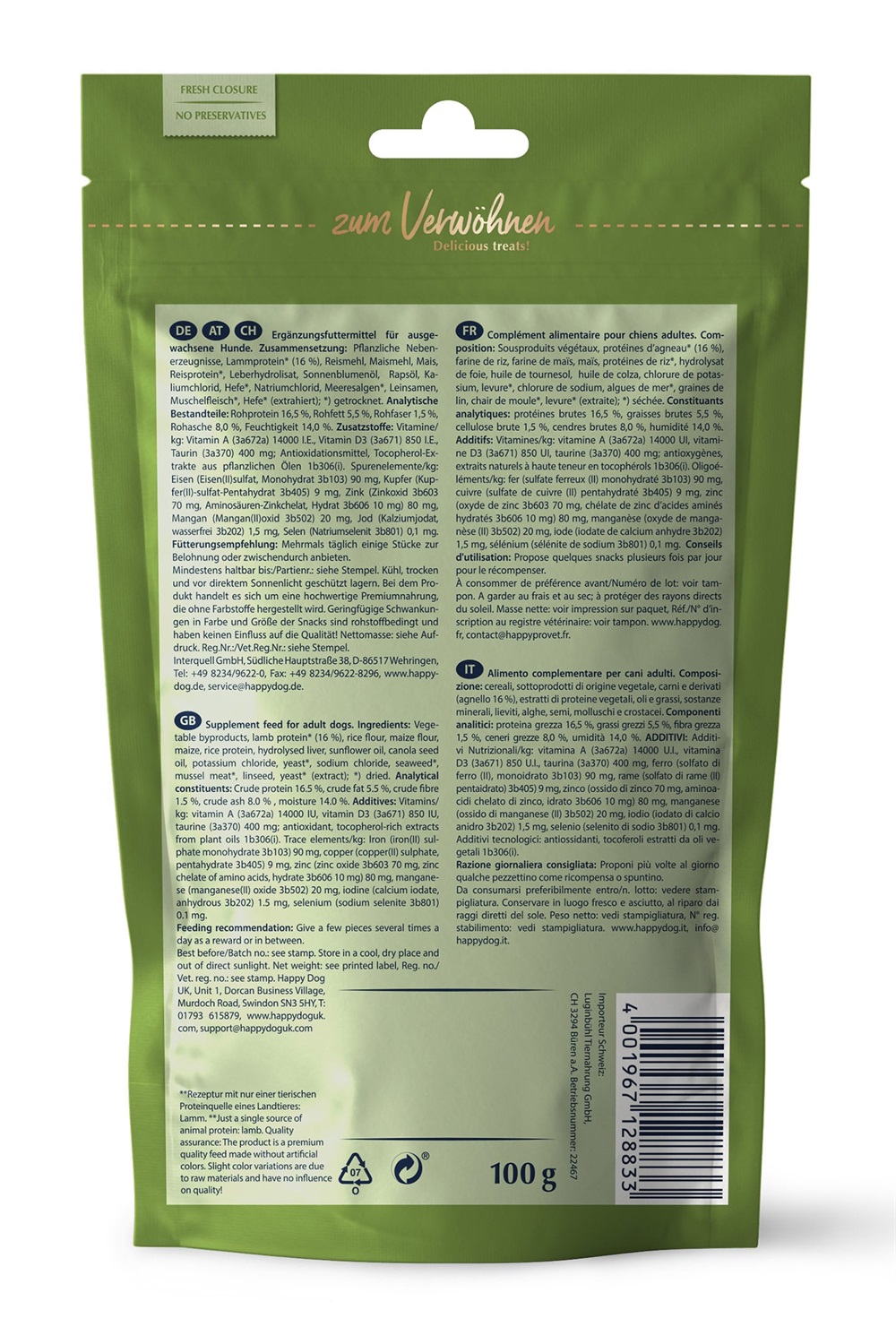 Happy Dog Soft Snack Neuseeland all'Agnello 100 g - Snack morbido per cani adulti, senza grano e glutine