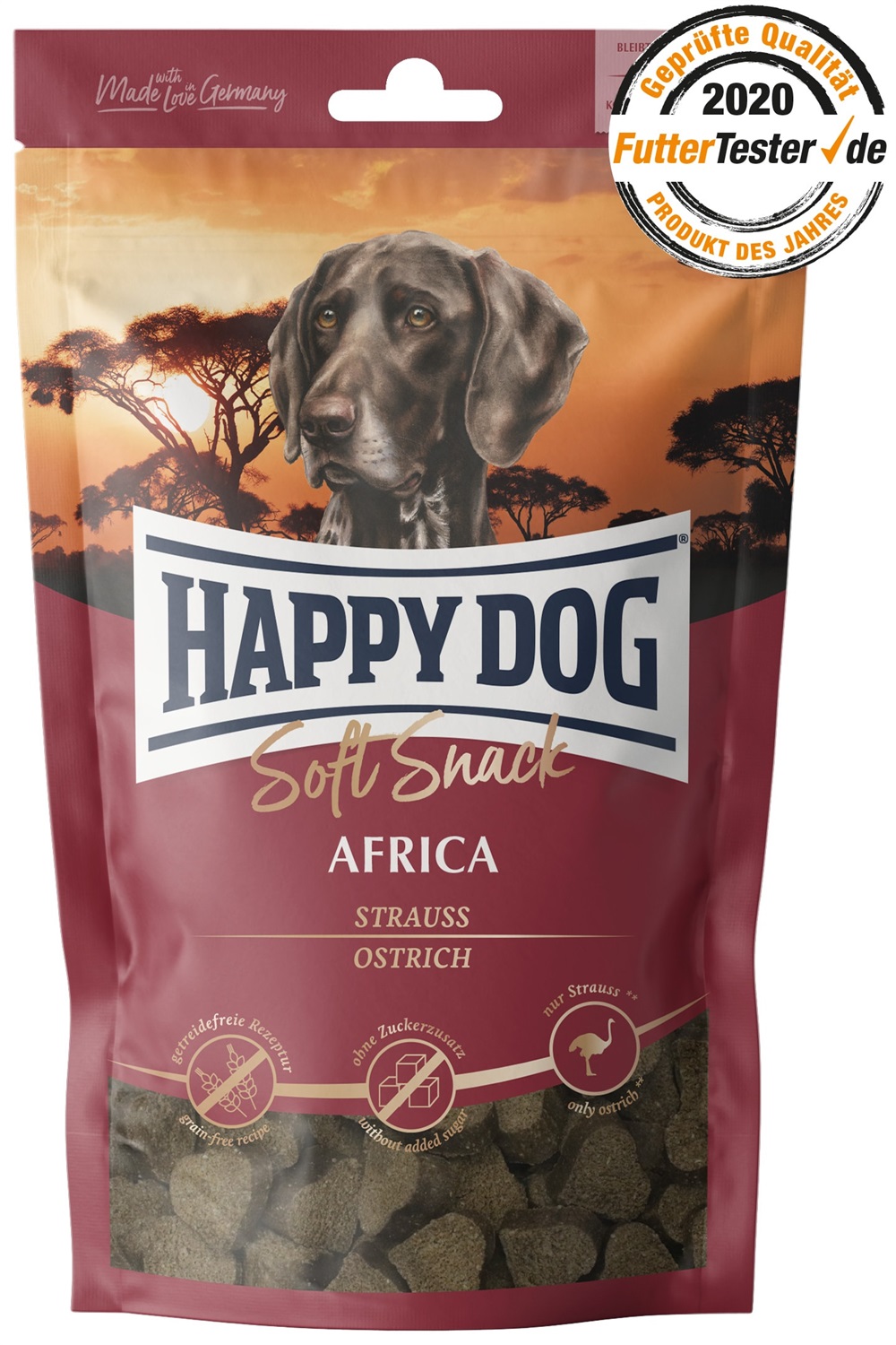 Happy Dog Soft Snack Africa allo Struzzo - 100 g, Snack Morbido Senza Cereali per Cani Adulti