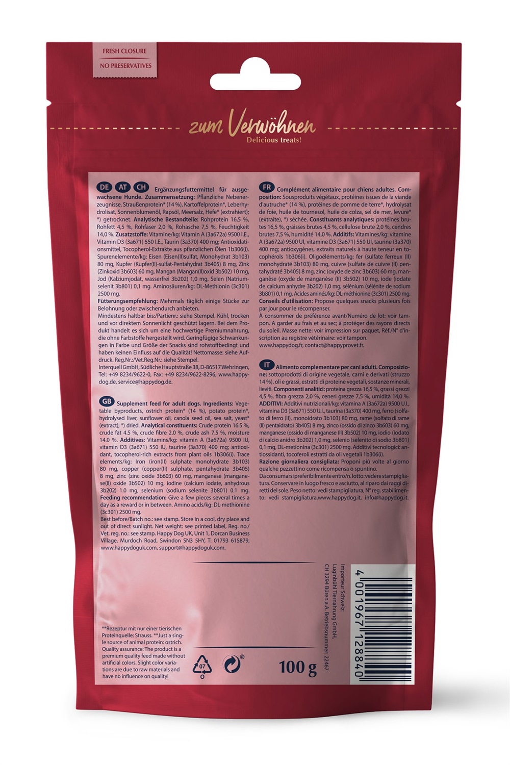 Happy Dog Soft Snack Africa allo Struzzo - 100 g, Snack Morbido Senza Cereali per Cani Adulti