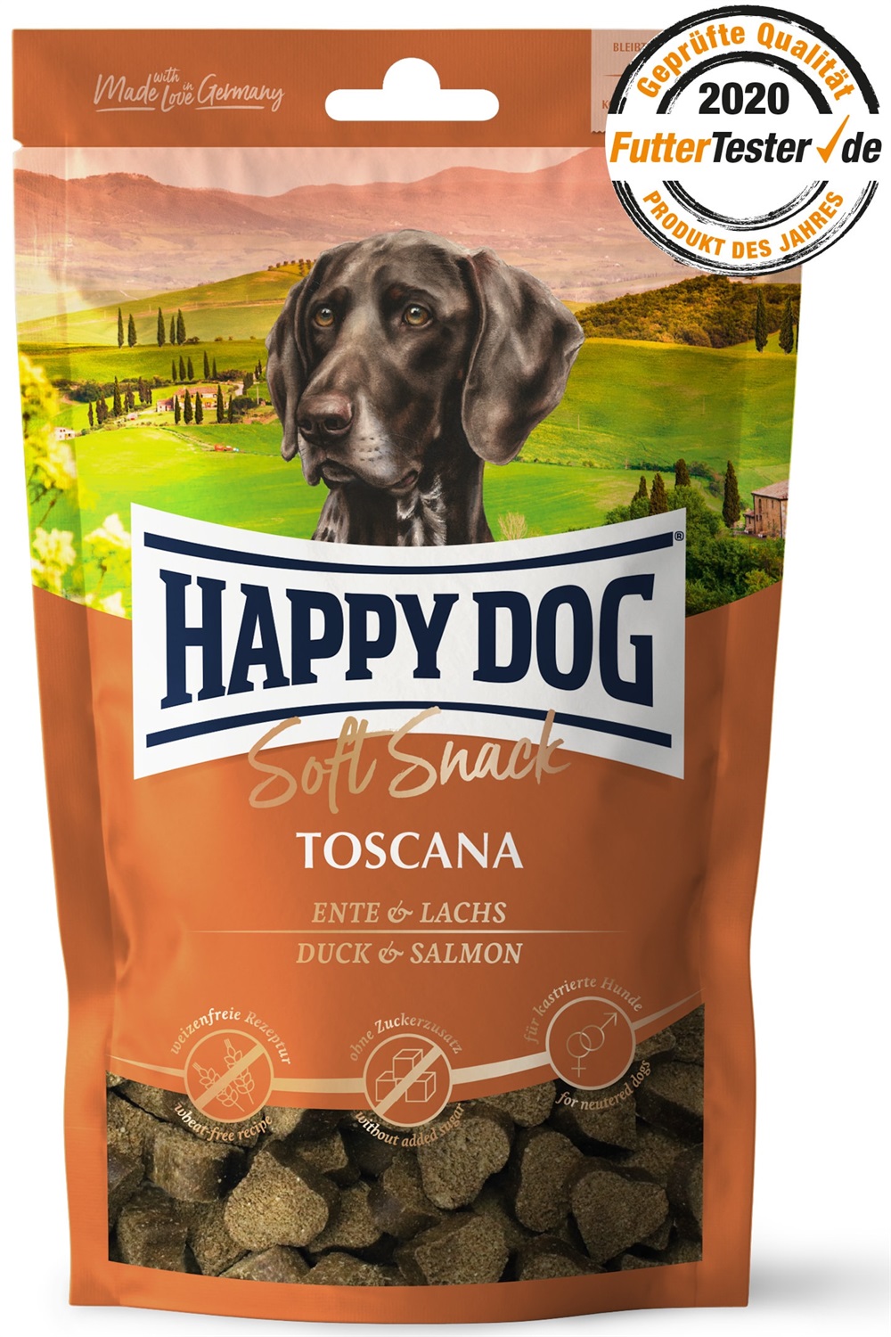 Happy Dog Soft Snack Toscana 100 g - Snack morbido per cani con anatra e salmone, a forma di cuore
