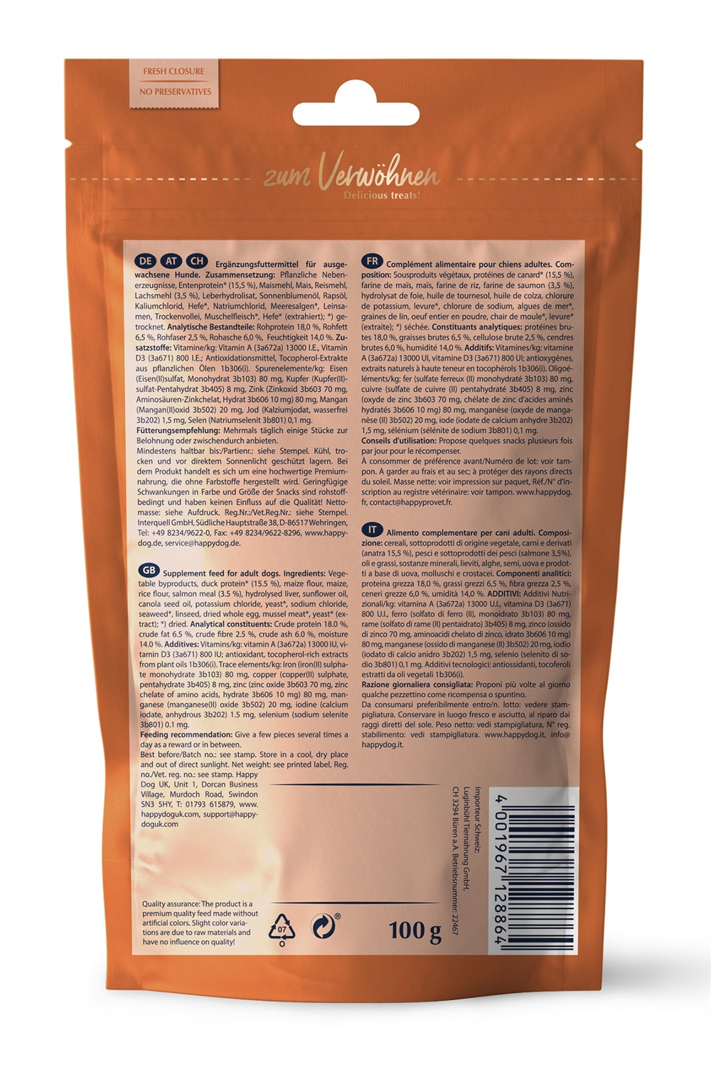 Happy Dog Soft Snack Toscana 100 g - Snack morbido per cani con anatra e salmone, a forma di cuore
