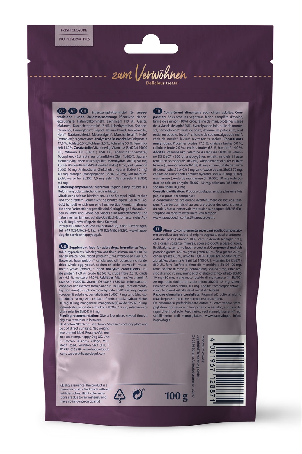 Happy Dog Soft Snack Ireland al Salmone e Coniglio per Cani Adulto - 100 g, Snack Morbido Senza Grano