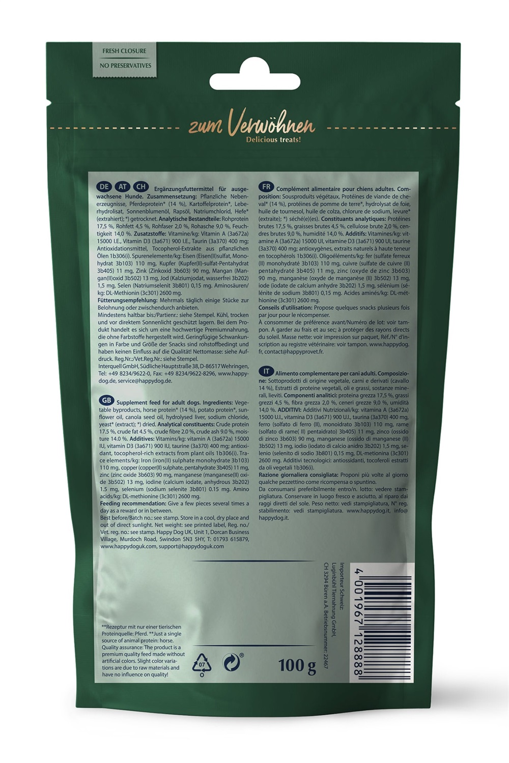 Happy Dog Soft Snack Montana al Cavallo - Snack Morbido per Cani Adulti, 100 g, Senza Glutine e Cereali