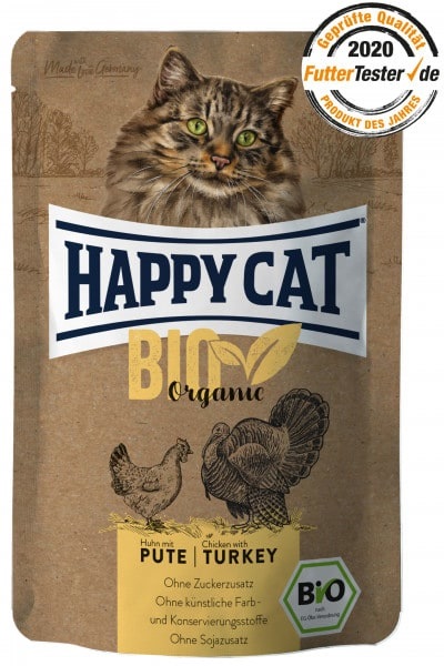 Happy Cat Bio Pollo e Tacchino Adult Cibo Umido per Gatti - Paté 85 g, Biologico e Privo di Cereali