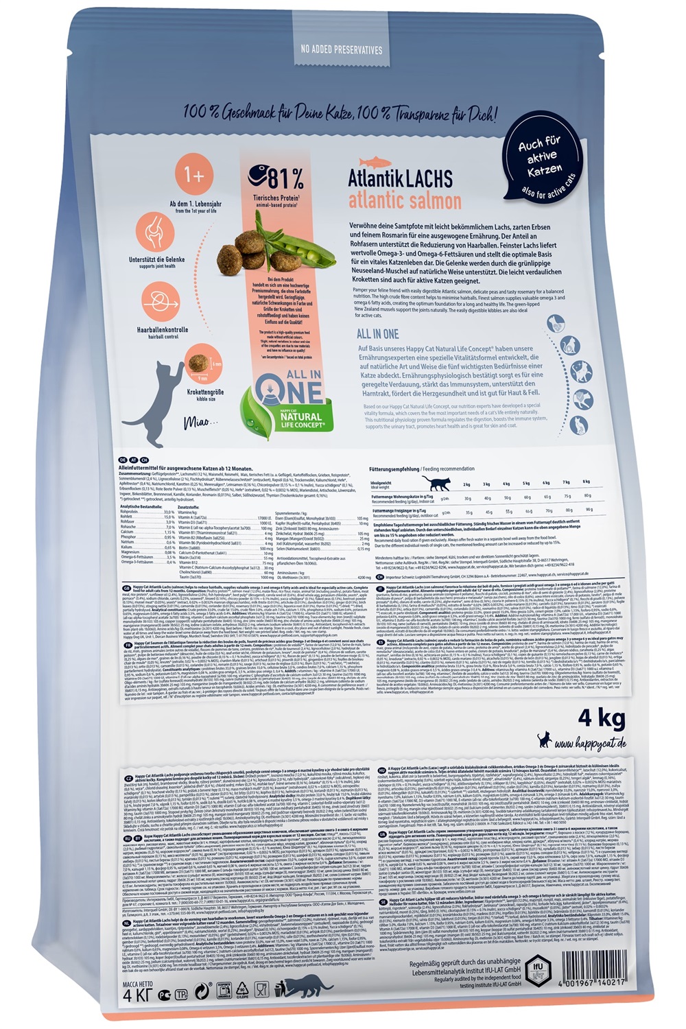 Happy Cat Adult Culinary Atlantic Salmon - Cibo Secco per Gatti 4 kg con Salmone, Omega-3 e 6