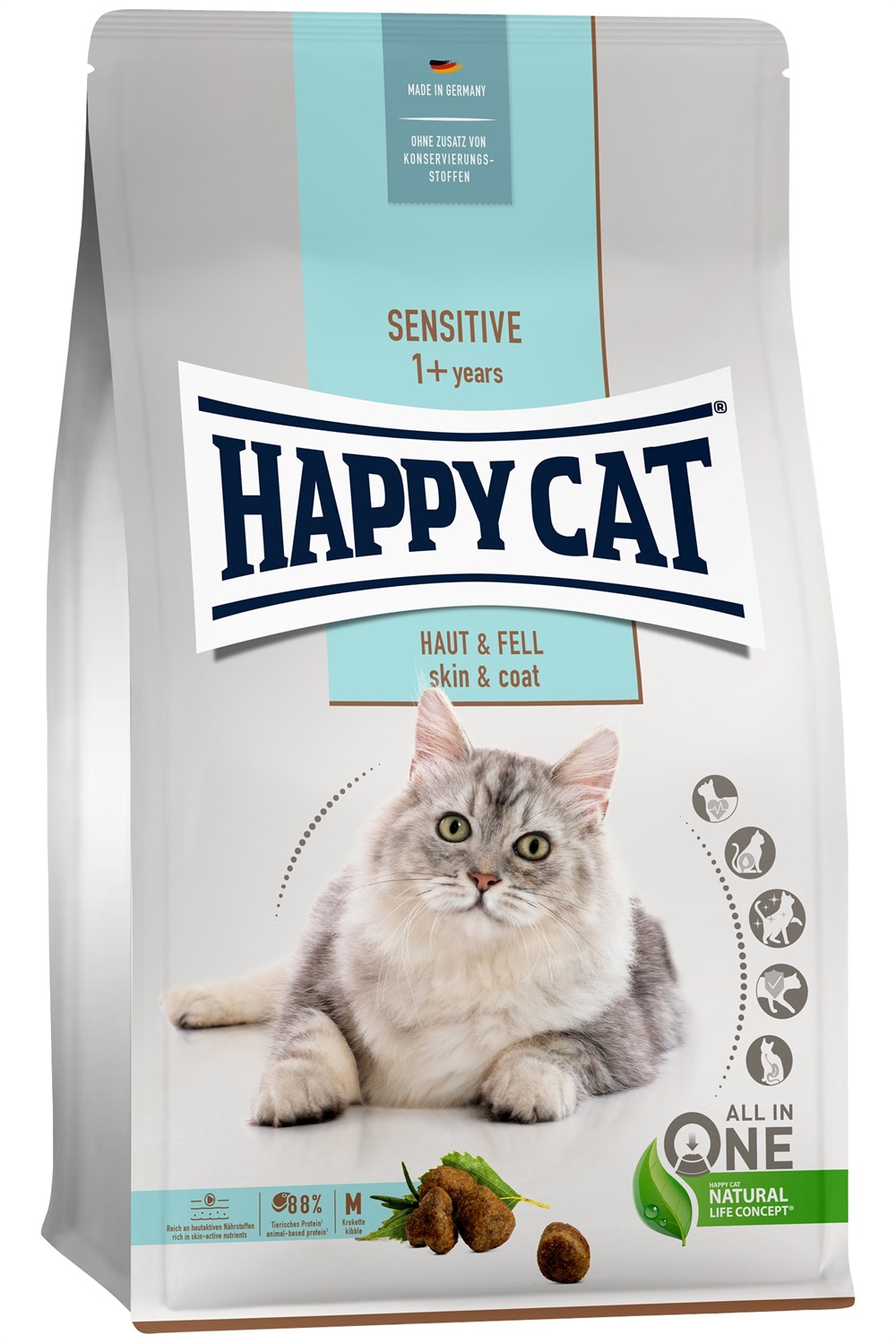 Happy Cat Sensitive Skin & Coat - Cibo secco per gatti adulti, 4 kg, con pollo e salmone, altamente digeribile