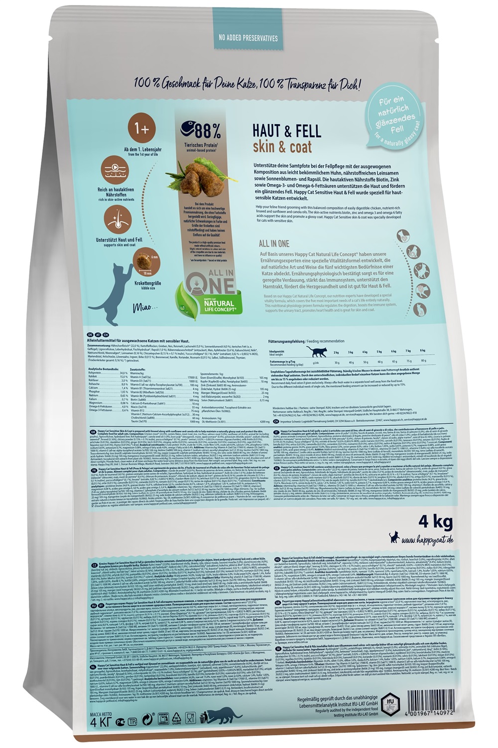 Happy Cat Sensitive Skin & Coat - Cibo secco per gatti adulti, 4 kg, con pollo e salmone, altamente digeribile