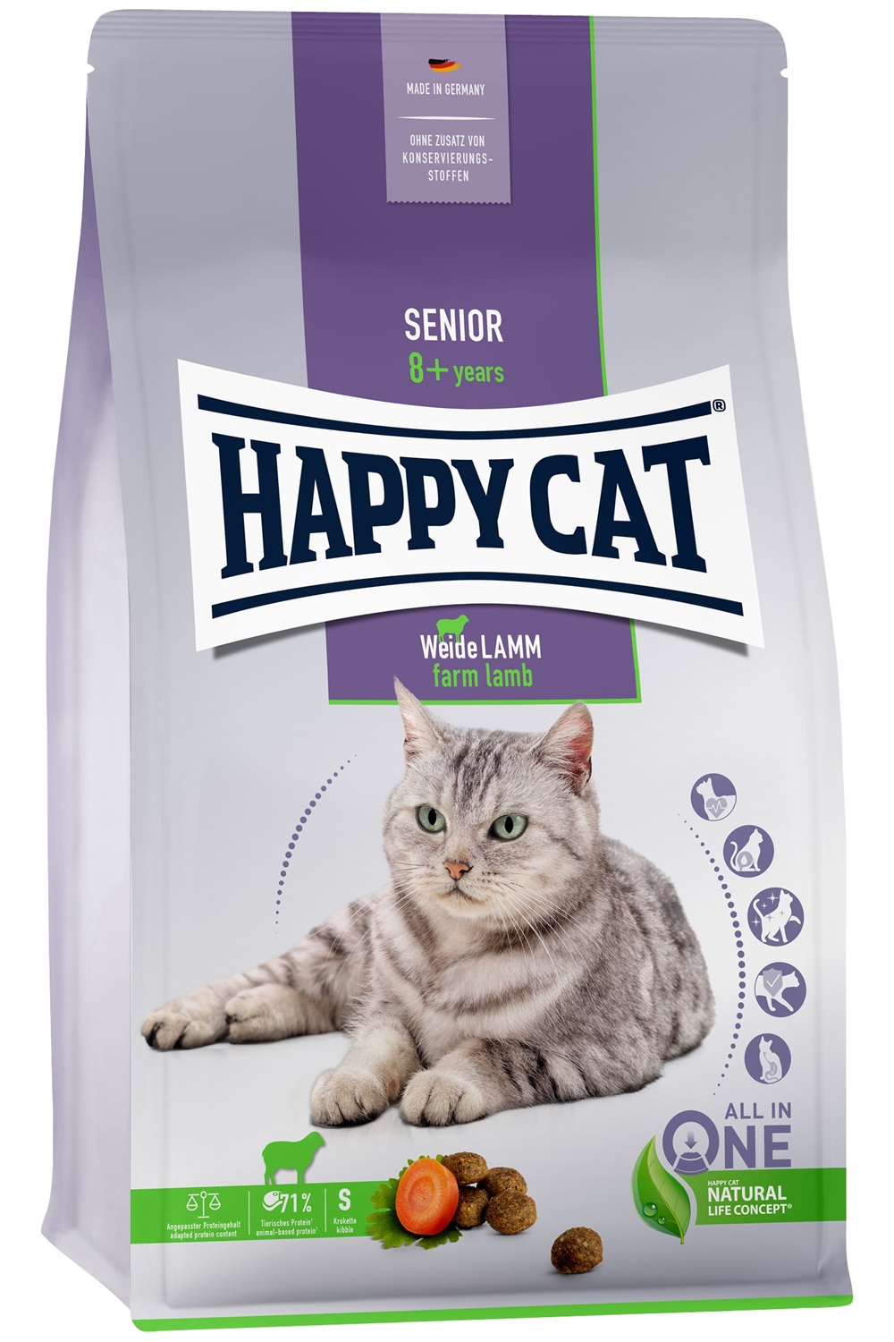 Happy Cat Senior Cibo Secco per Gatti con Agnello, Carote e Coriandolo - 1,3 kg per Gatti Anziani a partire dagli 8 Anni
