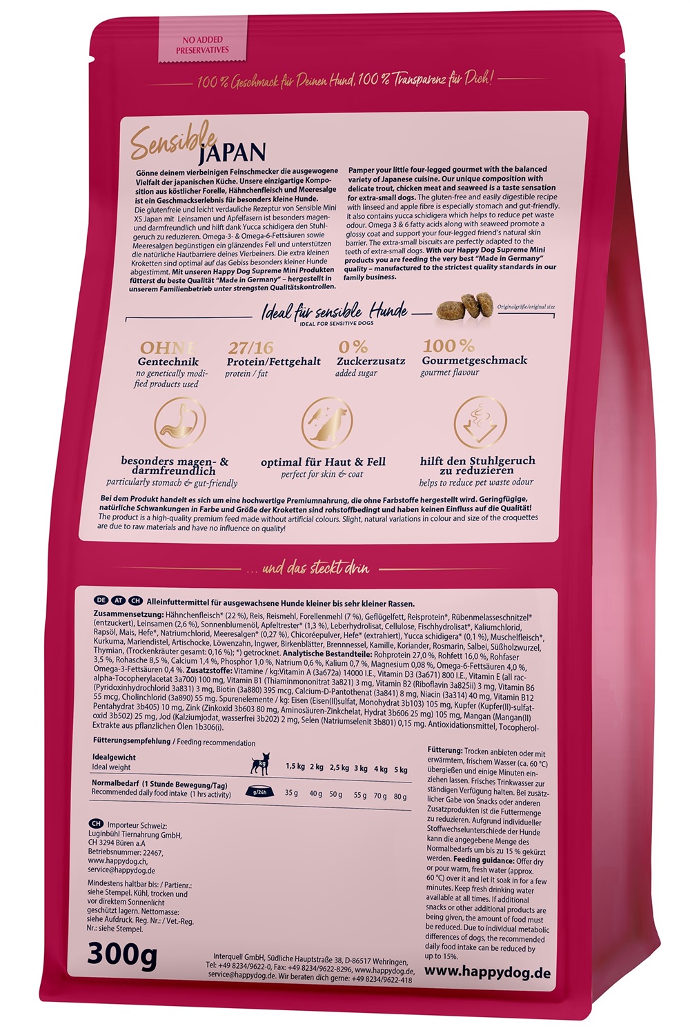 Happy Dog Supreme Mini XS - Pollo Giapponese e Trota - Alimento Essiccato per Cani di Piccola Taglia (1,3 kg)