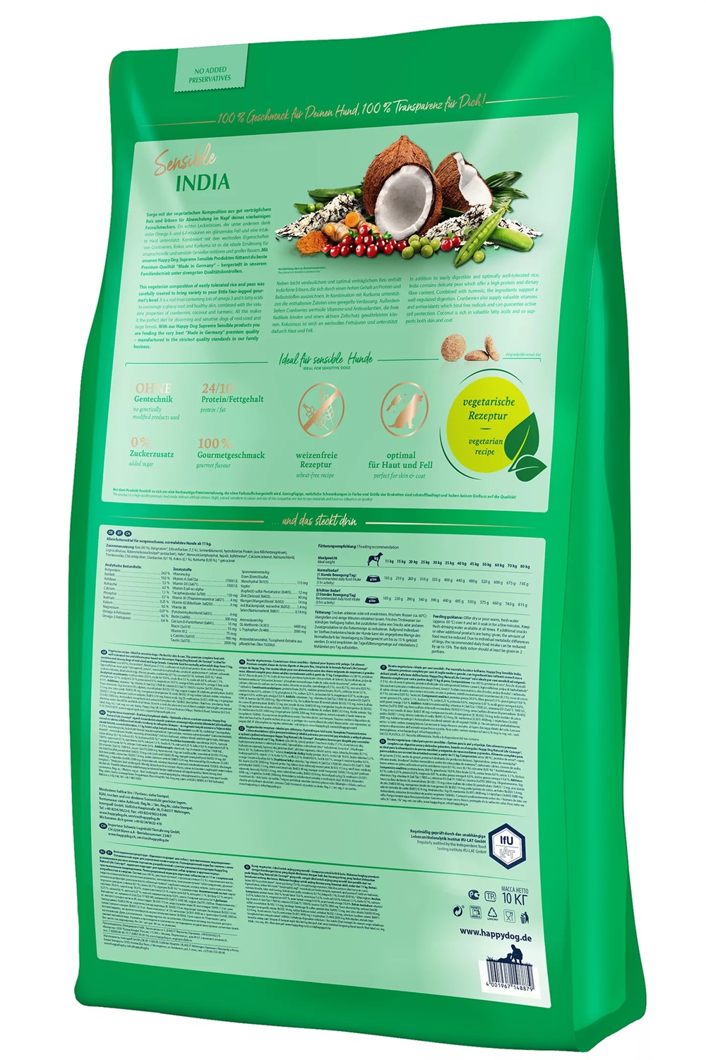 Happy Dog Supreme Sensible India - Crocchette Vegetariane per Cani 10 kg con Riso, Piselli e Curcuma