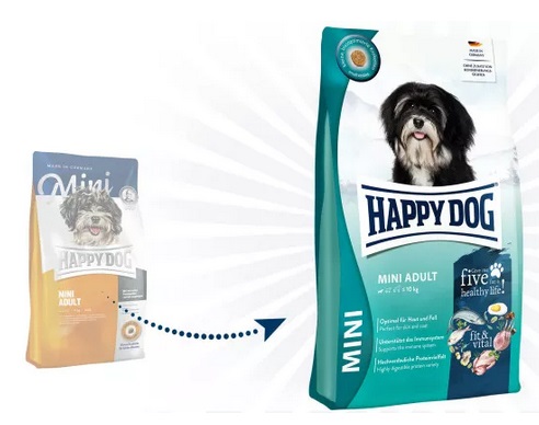 Happy Dog Fit & Vital Mini Adult 4 kg - Alimento secco per cani adulti fino a 10 kg, piccole crocchette, senza frumento, supporto per pelle e pelo