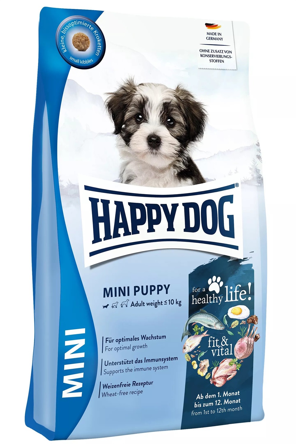 Happy Dog Fit & Vital Mini Puppy 4 kg - Crocchette per Cuccioli, Formula Senza Grano, Ottimizzate per il Morso, Crescita Ottimale dal 1° al 12° Mese