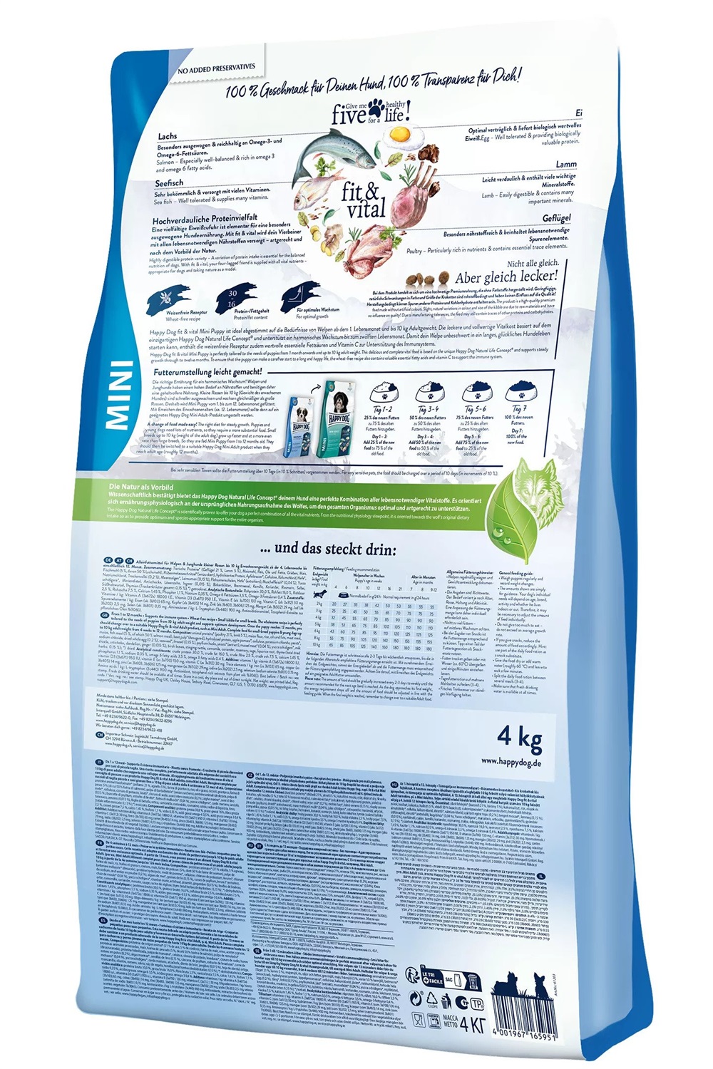 Happy Dog Fit & Vital Mini Puppy 4 kg - Crocchette per Cuccioli, Formula Senza Grano, Ottimizzate per il Morso, Crescita Ottimale dal 1° al 12° Mese