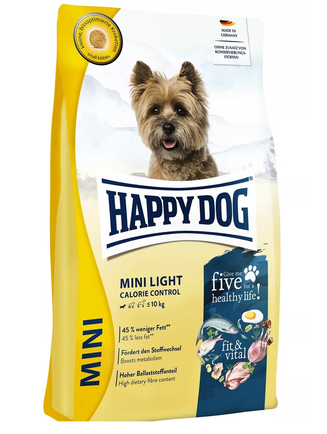 Happy Dog Fit & Vital Mini Light 4 kg - Alimento secco per cani adulti di piccola taglia, 40% di grassi in meno, stimola il metabolismo, alta percentuale di fibre, piccole crocchette ottimizzate