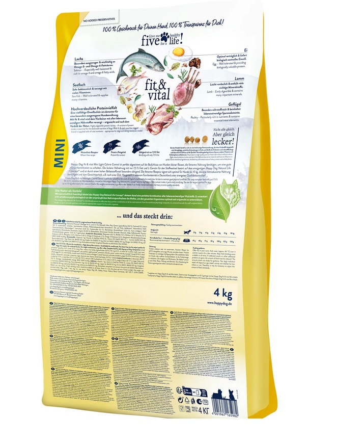 Happy Dog Fit & Vital Mini Light 4 kg - Alimento secco per cani adulti di piccola taglia, 40% di grassi in meno, stimola il metabolismo, alta percentuale di fibre, piccole crocchette ottimizzate