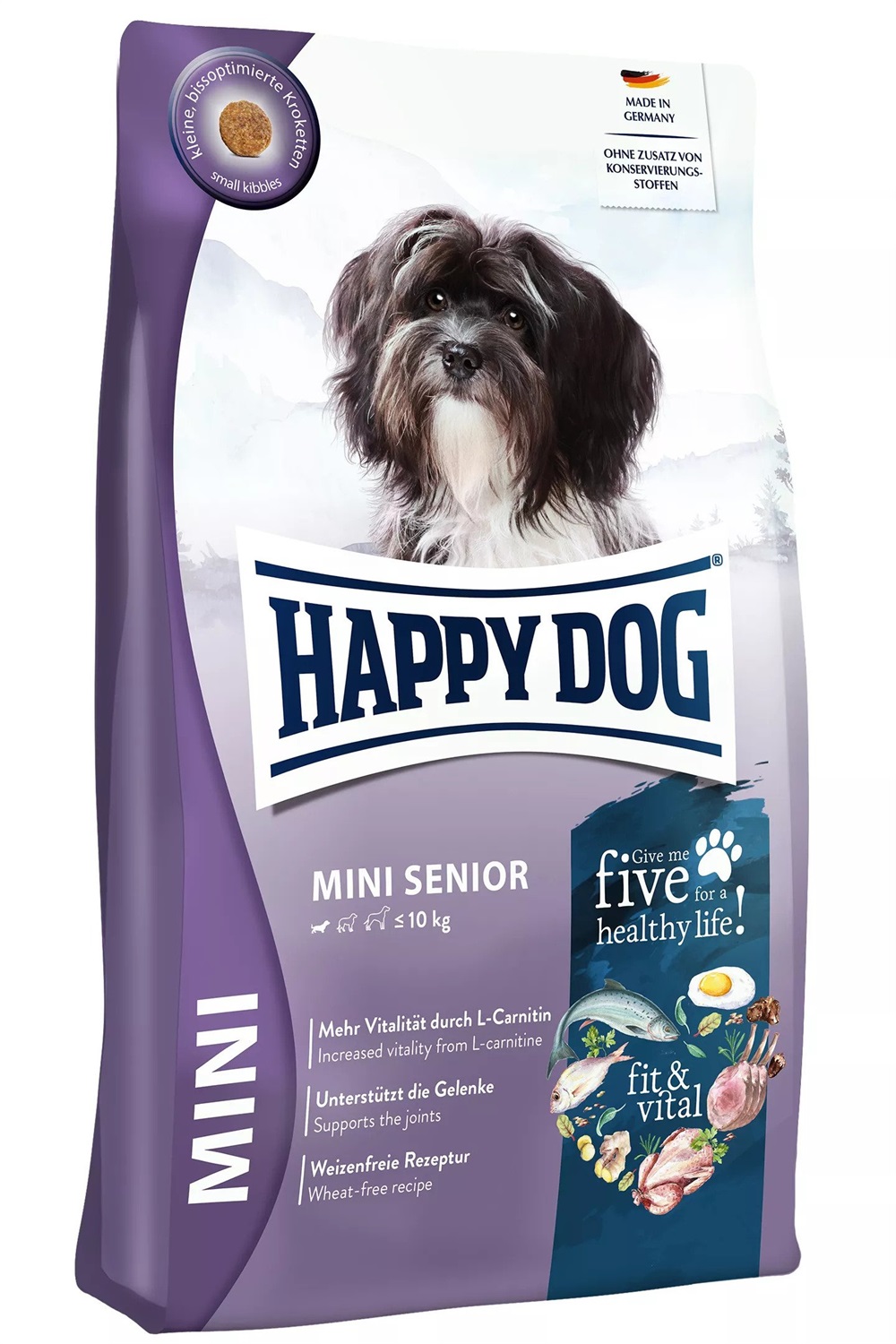 Happy Dog Fit & Vital Mini Senior 4 kg - Crocchette per Cani Senior di Piccola Taglia, Ottimizzate per il Morso, con L-Carnitina, Supporto Immunitario e Articolare