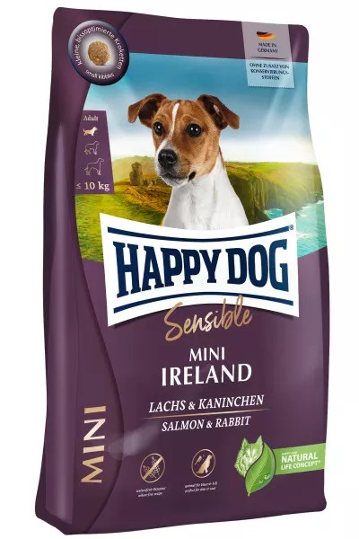 Happy Dog Sensible Mini Ireland 10 kg - Alimento secco per cani con Salmone e Coniglio, Piccole crocchette senza grano, Ideale per cani sensibili