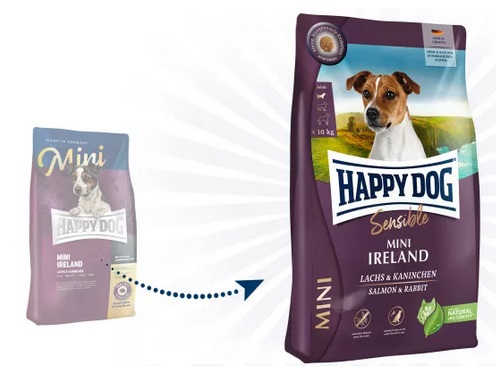 Happy Dog Sensible Mini Ireland 4 kg - Crocchette senza grano per cani adulti di taglia piccola con Coniglio e Salmone, ottimizzate per il morso