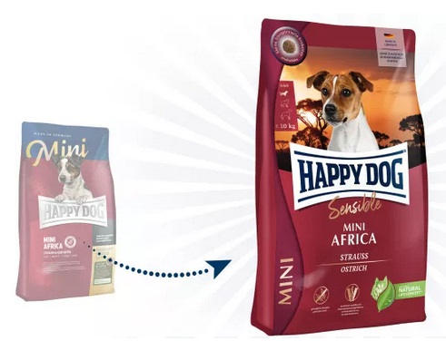 Happy Dog Sensible Mini Africa Crocchette per Cane - 4 kg, Senza Cereali, Piccole Crocchette per Cani con Digestione Sensibile, Proteina di Struzzo