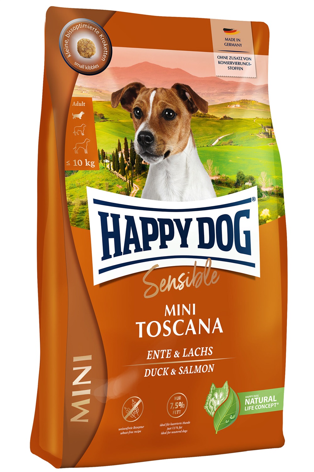 Happy Dog Sensible Mini Toscana 4 kg - Crocchette senza glutine per cani piccoli con Anatra e Salmone, 7,5% di grassi
