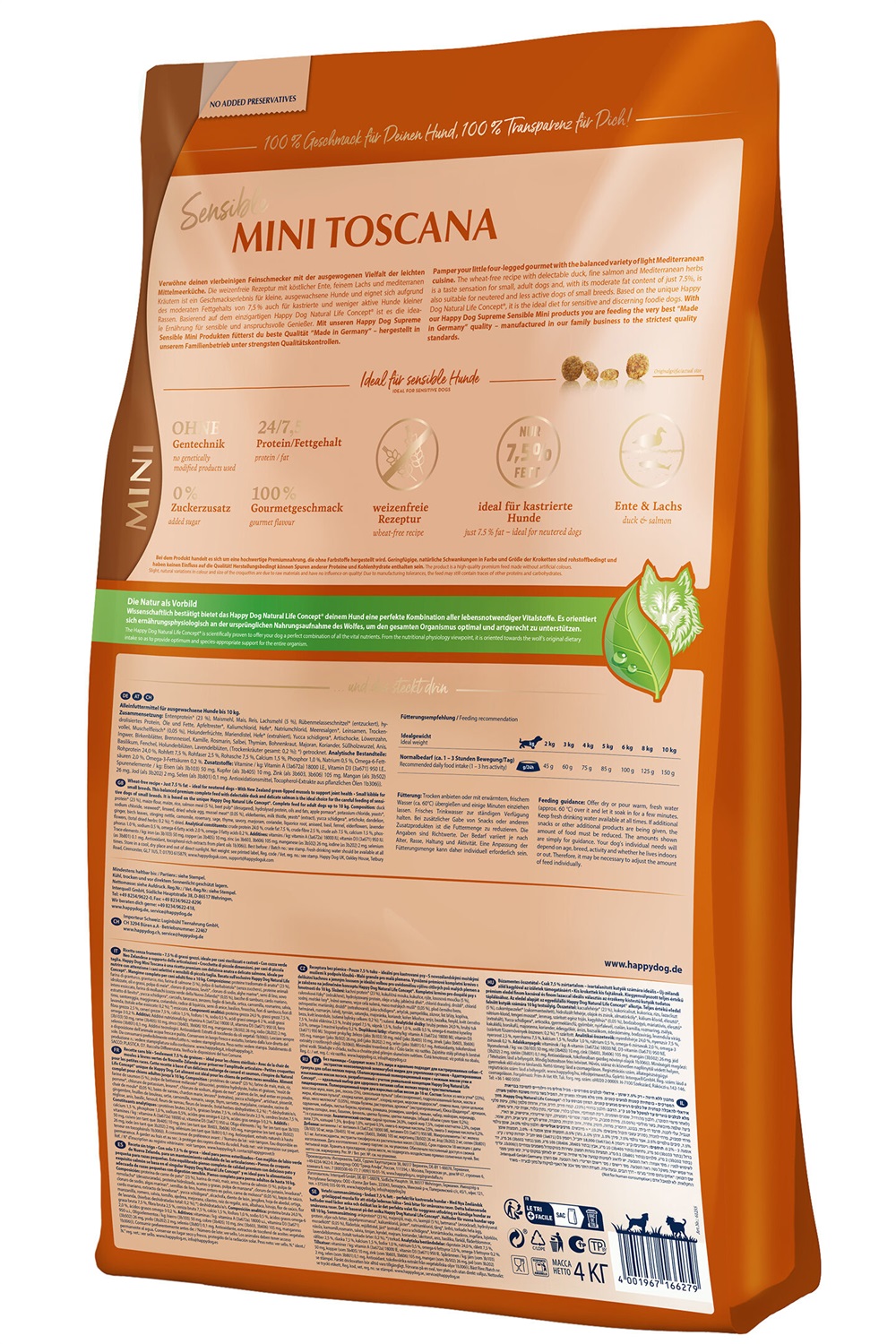 Happy Dog Sensible Mini Toscana 4 kg - Crocchette senza glutine per cani piccoli con Anatra e Salmone, 7,5% di grassi