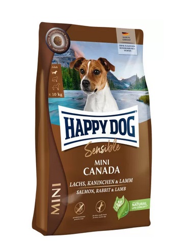 Happy Dog Sensible Mini Canada 4 kg - Crocchette senza cereali per cani piccoli e sensibili con salmone, coniglio e agnello