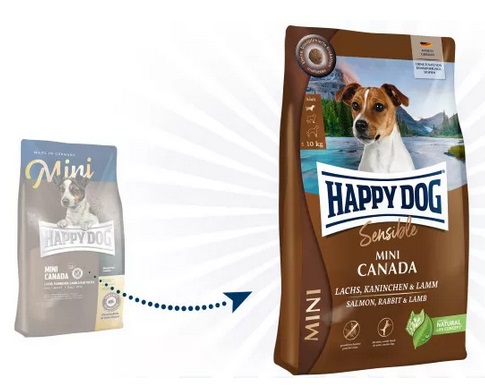 Happy Dog Sensible Mini Canada 4 kg - Crocchette senza cereali per cani piccoli e sensibili con salmone, coniglio e agnello