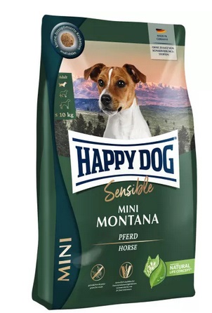 Happy Dog Sensible Mini Montana 4 kg - Crocchette Mini per Cani Adulti, Senza Cereali, con Proteine dal Cavallo