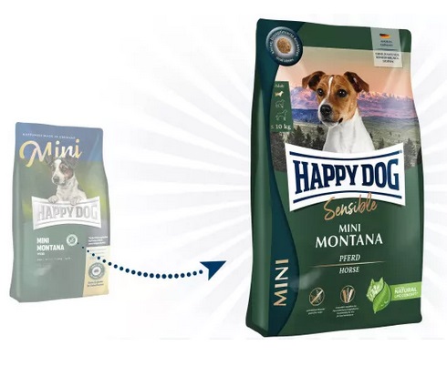 Happy Dog Sensible Mini Montana 4 kg - Crocchette Mini per Cani Adulti, Senza Cereali, con Proteine dal Cavallo