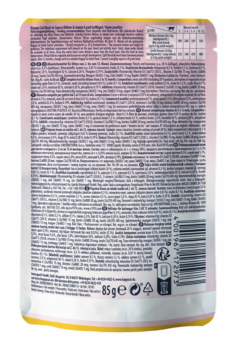 Happy Cat Kitten al Pollo in salsa - Cibo umido per gatti cuccioli 85 g - Senza cereali e senza conservanti