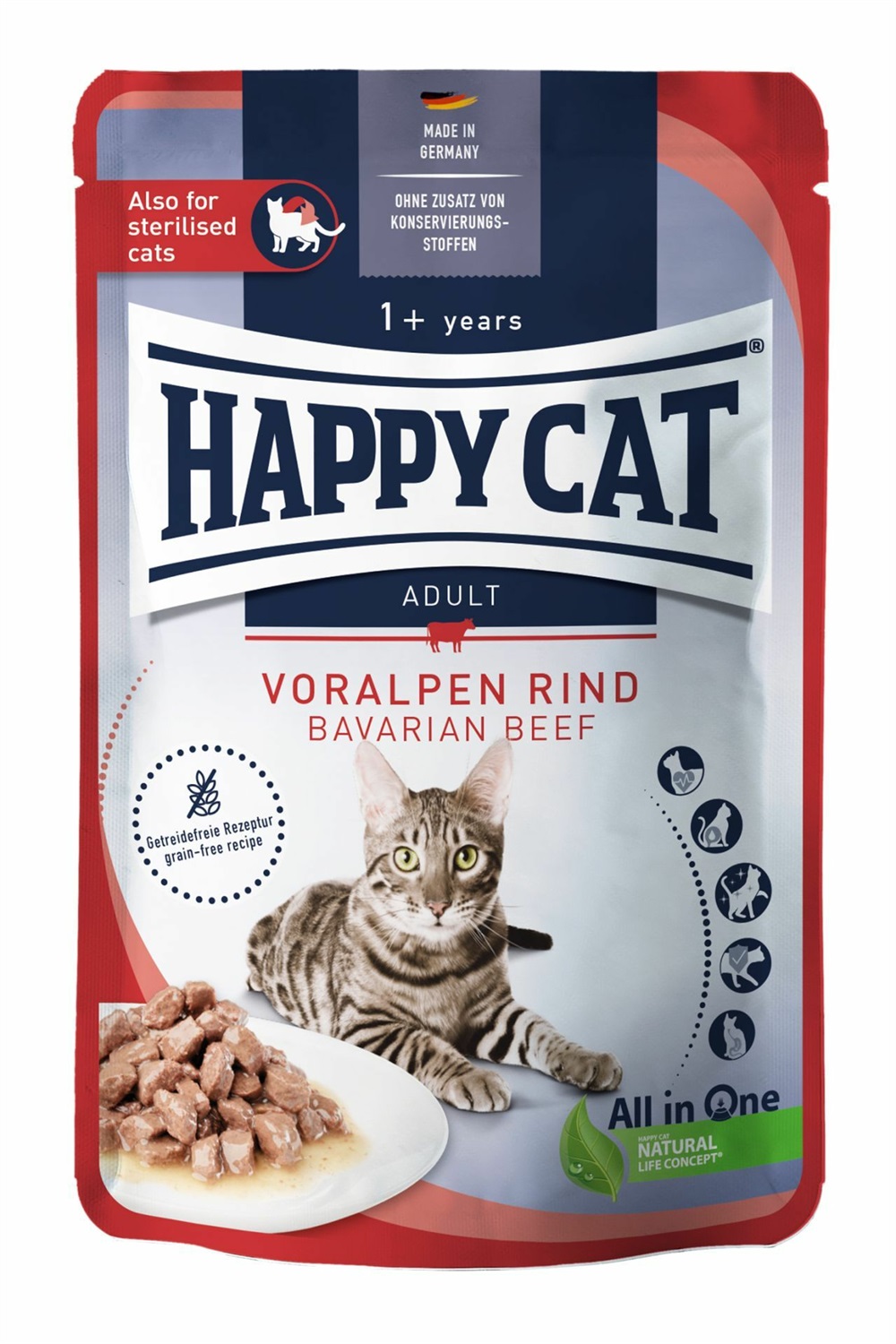 Happy Cat Adult Culinary Manzo in salsa Pouch 85 g - Cibo umido senza cereali, ricco di carne e senza conservanti
