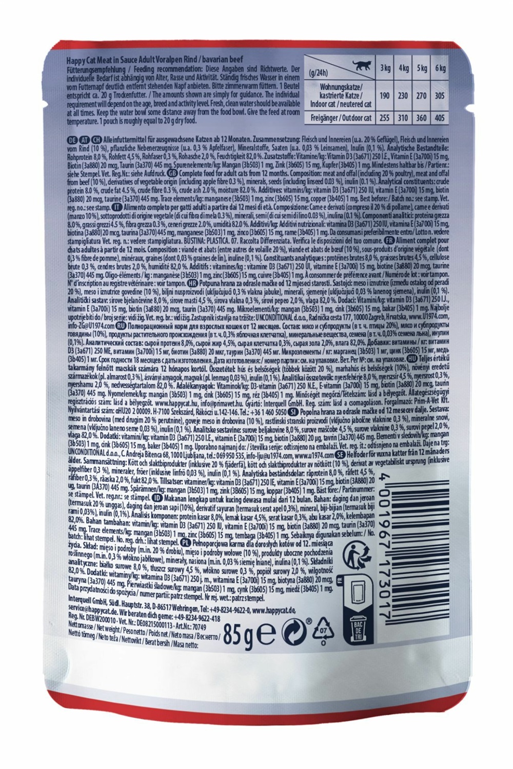 Happy Cat Adult Culinary Manzo in salsa Pouch 85 g - Cibo umido senza cereali, ricco di carne e senza conservanti